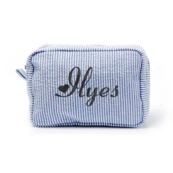 Personalized Name Seersucker Cosmetic Bag Travel Pouch Large Makeup Organizer Bag Zipper Purse Toiletry Bag for Women Girls