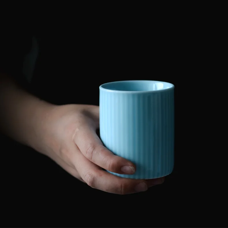 ★Jingdezhen Ceramic Misty Blue Stripe Cup Small Capacity Mug Solid Color Water Cup Hand-Held Handy Office Cup Tableware Set