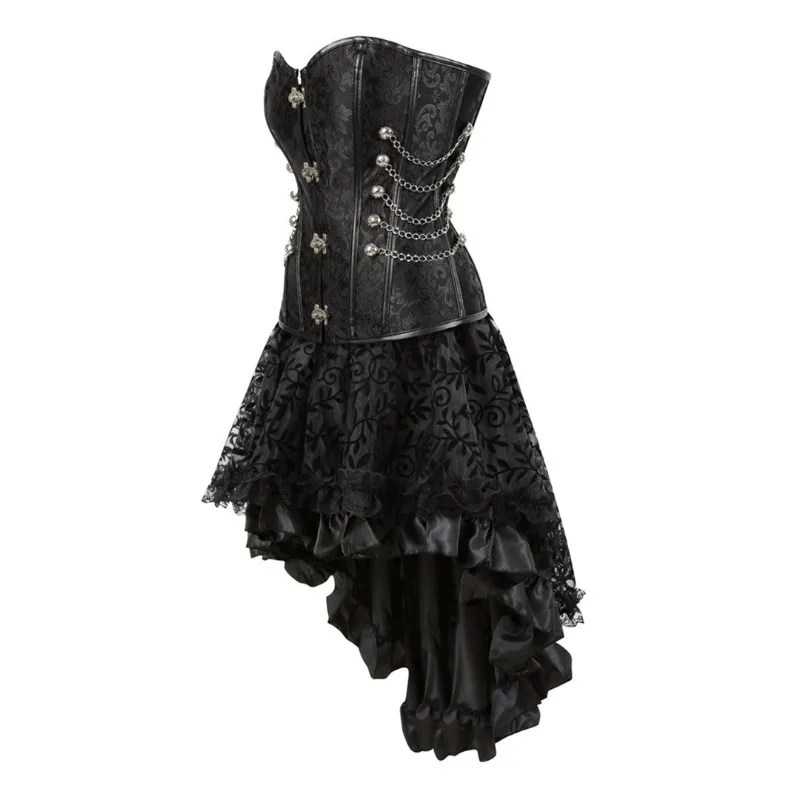 Steampunk Corset Bustier Dresses Skirt Set Burlesque Basques Women Plus Size Vintage Pirate Brown