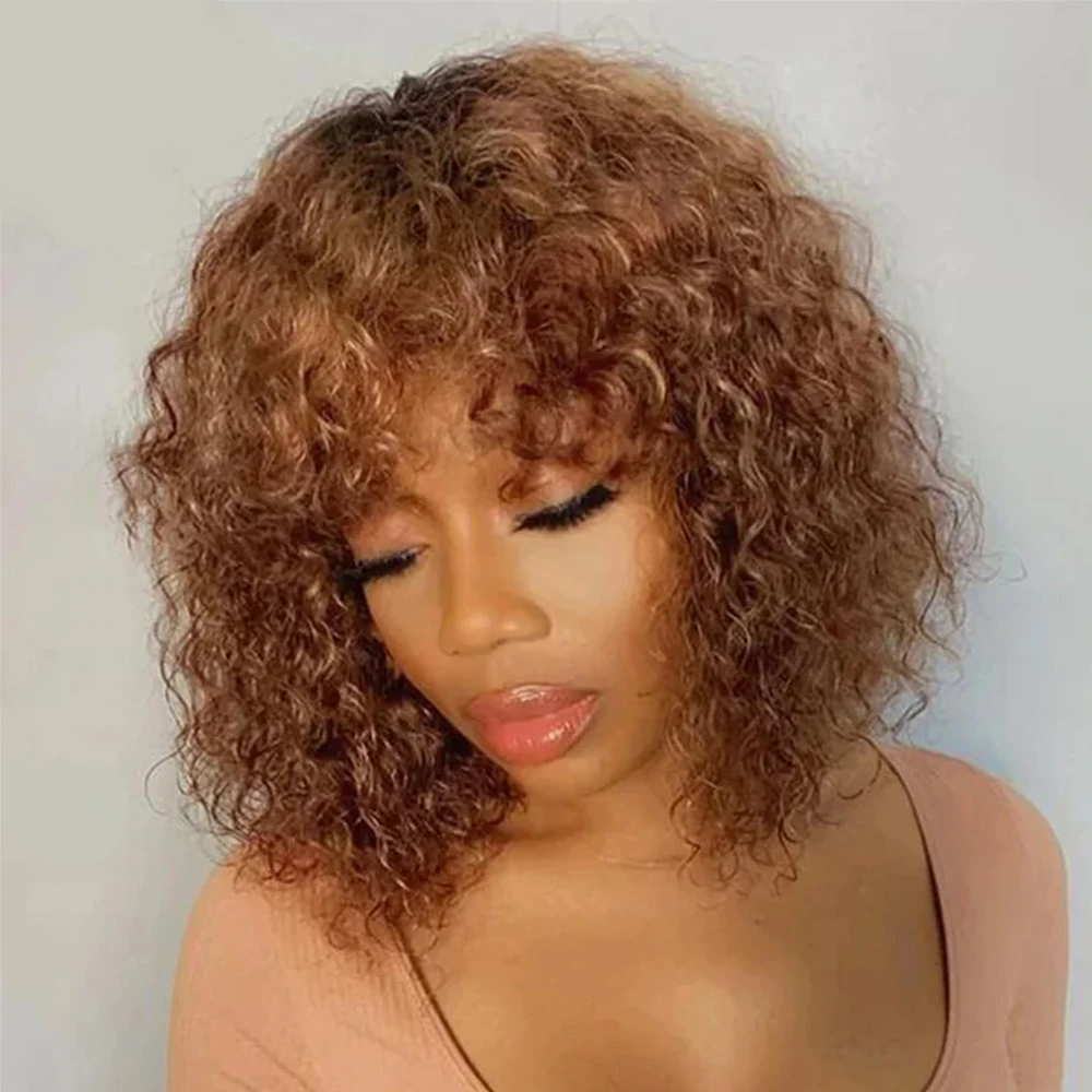 

Short Curly Bob Human Hair Wigs With Bangs Full Machine Made Wigs Highlight Honey Blonde Colored Wigs For Women Cheap Remy Hair