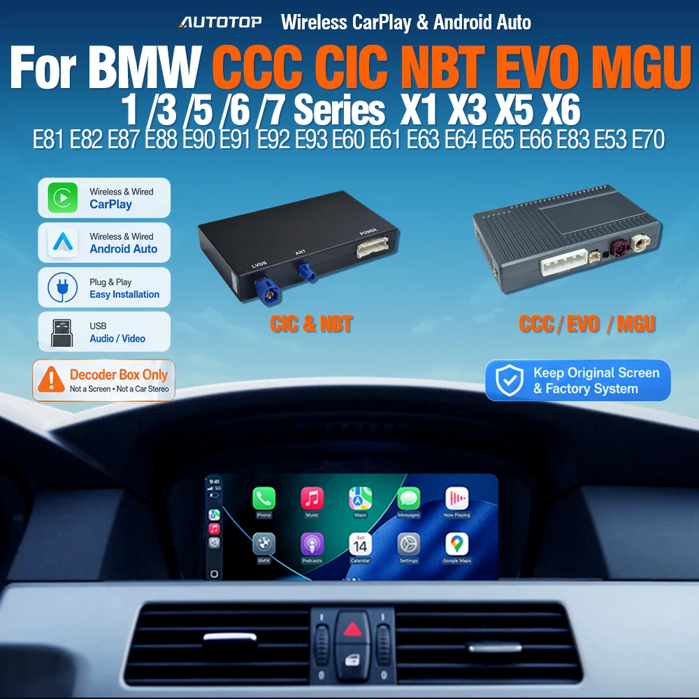 AUTOTOP Décodeur sans fil CarPlay Android Auto pour BMW CCC CIC NBT EVO Séries 1 3 5 6 7 E90 E91 E92 E93 E81 E82 E87 E88 E60 E61 E70 E65