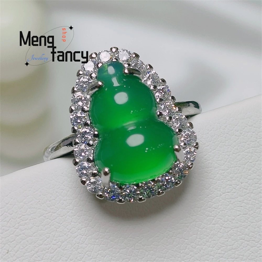 

925 Silver Inlaid With Emerald Green Zhengyang Green Chalcedony Ring, Fashionable And Simple Agate Jade Gourd Ring Best Selling