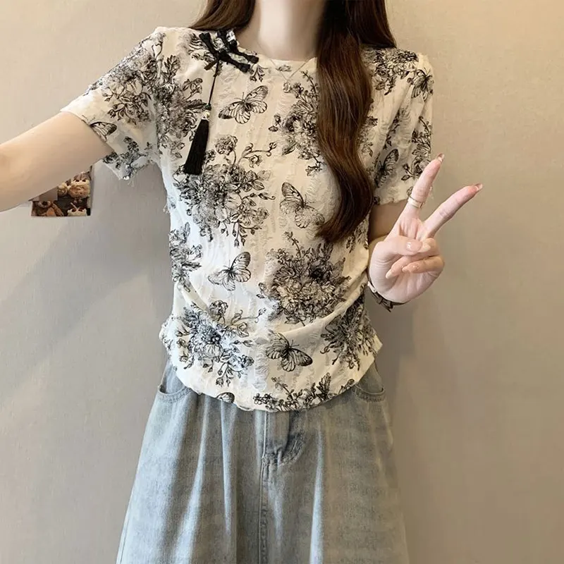 Chinese Disc Buckle O-Neck Pullovers Female Clothing Fashion Hole Vintage Butterfly Printed Summer Folds Short Sleeve T-shirt