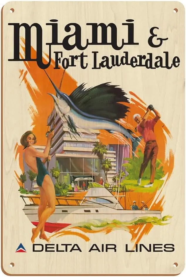 & Fort Lauderdale Florida - Air Lines Vintage Airline Travel Poster by Sweney c.1974- Wood Art Si