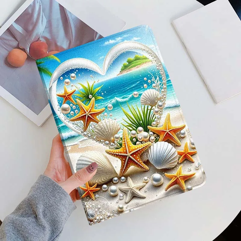 Blue Wood Shells Beach For iPad Pro Mini Air 1 2 3 4 5 6 7 10 11 th 8 9 gen 11 M4 M5 Foldable Tablet Case Cover