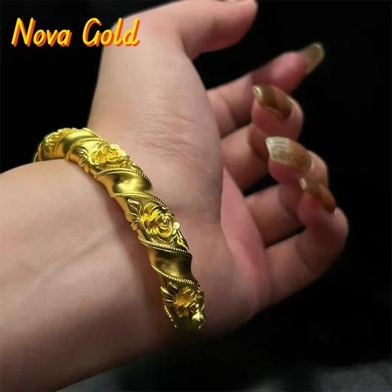 

NovaGlod Light luxury niche design vitage retro 24K real gold engraved rose 9999 open bracelet plain ring bracelet gift