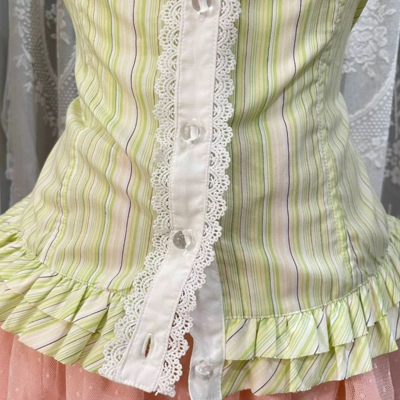 Japan Vintage Elegant Lolita Blouse Women Kawaii Cute Lace Square Neckl Stripe Shirt Summer Y2k Aesthetic Puff Short Sleeves Top view 3