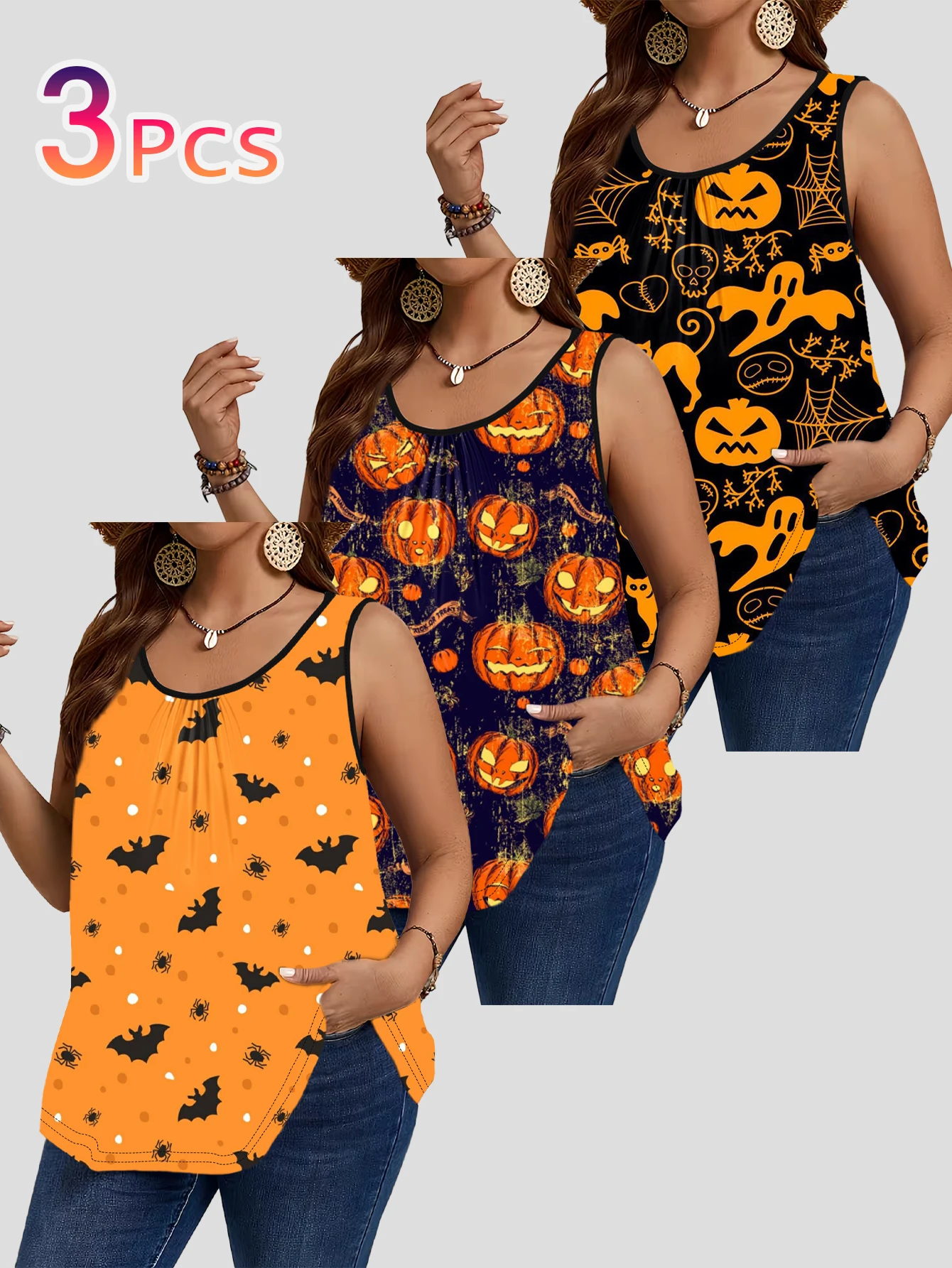 3-Piece Set of Plus-Size Women's Orange Base Cartoon Halloween All-Over Print Tank Tops with Bats, Spiders, and Polka Dots, Round Neck Loose Sleeveless Tops
