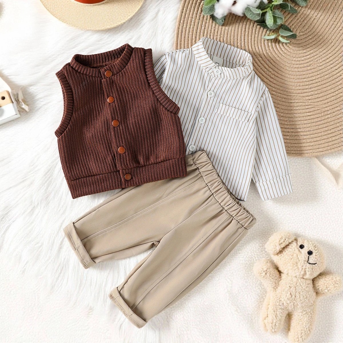 

2025 Spring Autumn Baby Boys Casual Clothing Suits Striped Long Sleeve Shirt + Vest + Solid Pants 3Piece Set Clothes For 1-3Y