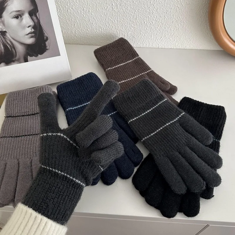 Winter unisex solid color yarn thick and cold resistant knitted gloves for students' outdoor cycling with exposed fingers