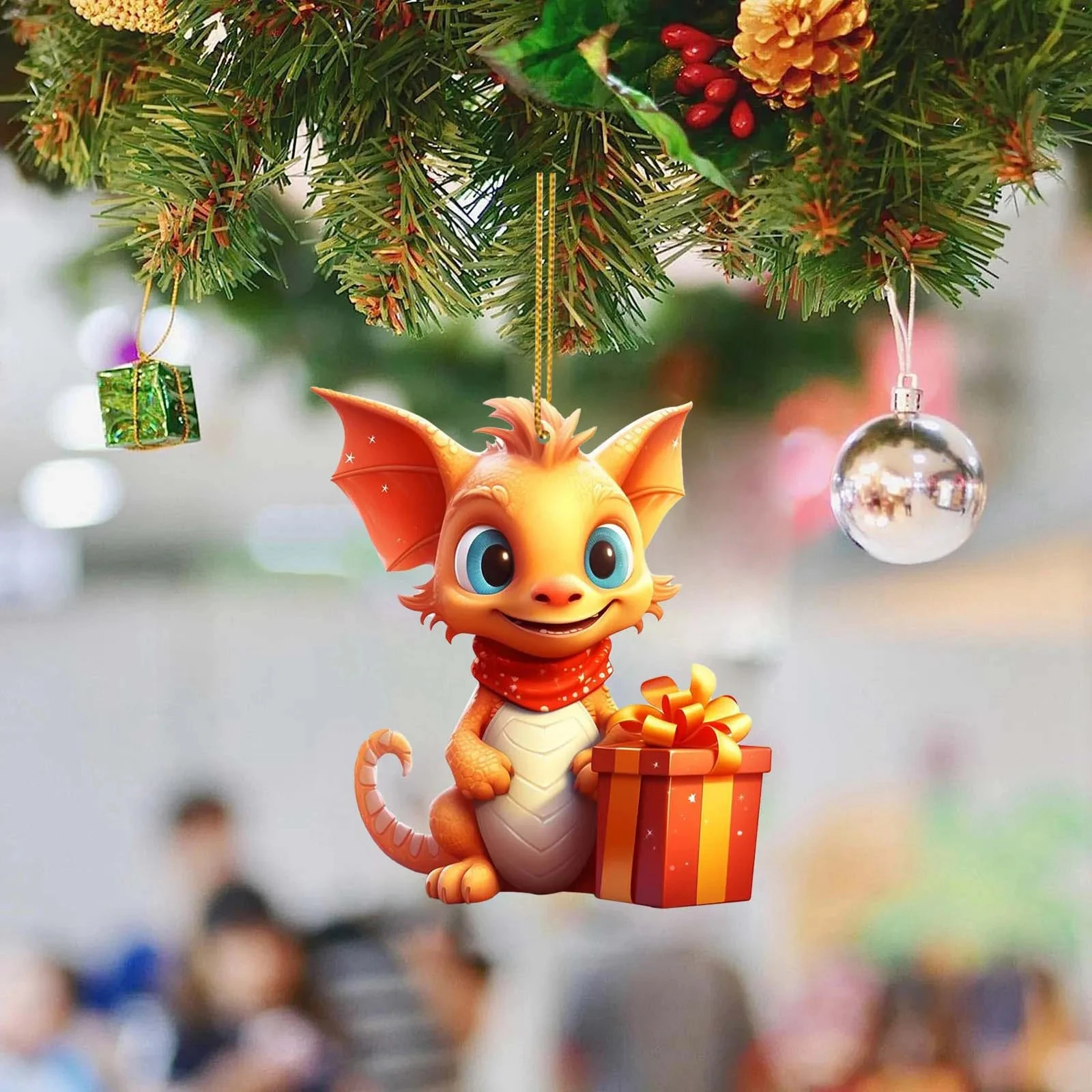 New 2D Acrylic Christmas Cute Dragon Baby Hanging Ornament Tree Charm Decorations Realistic Dragon Keychain Window Decor Gifts