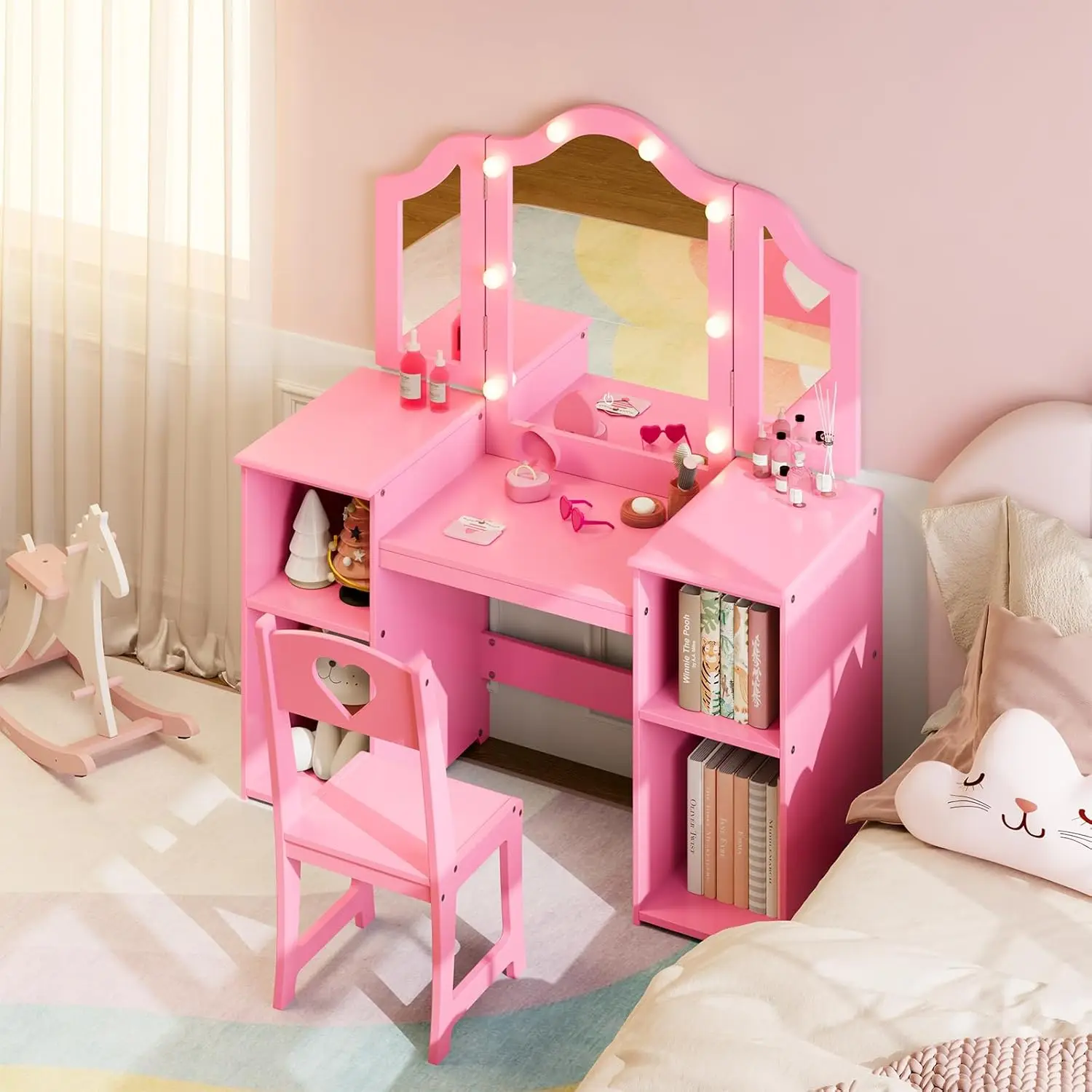 #Kids Vanity Set,Wood Dressing Table w/ Light Tri-Fold Mirror,Storage Shelves,Convertible Desk