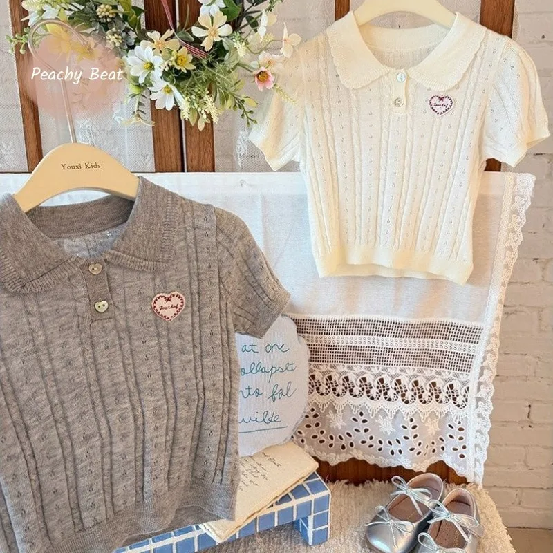 Fashion Baby Girl Cotton Hollow Out Polo Knit Shirt Toddler Teens Child Knitwear Tshirt Summer Top Casual Baby Clothes 2-12Y