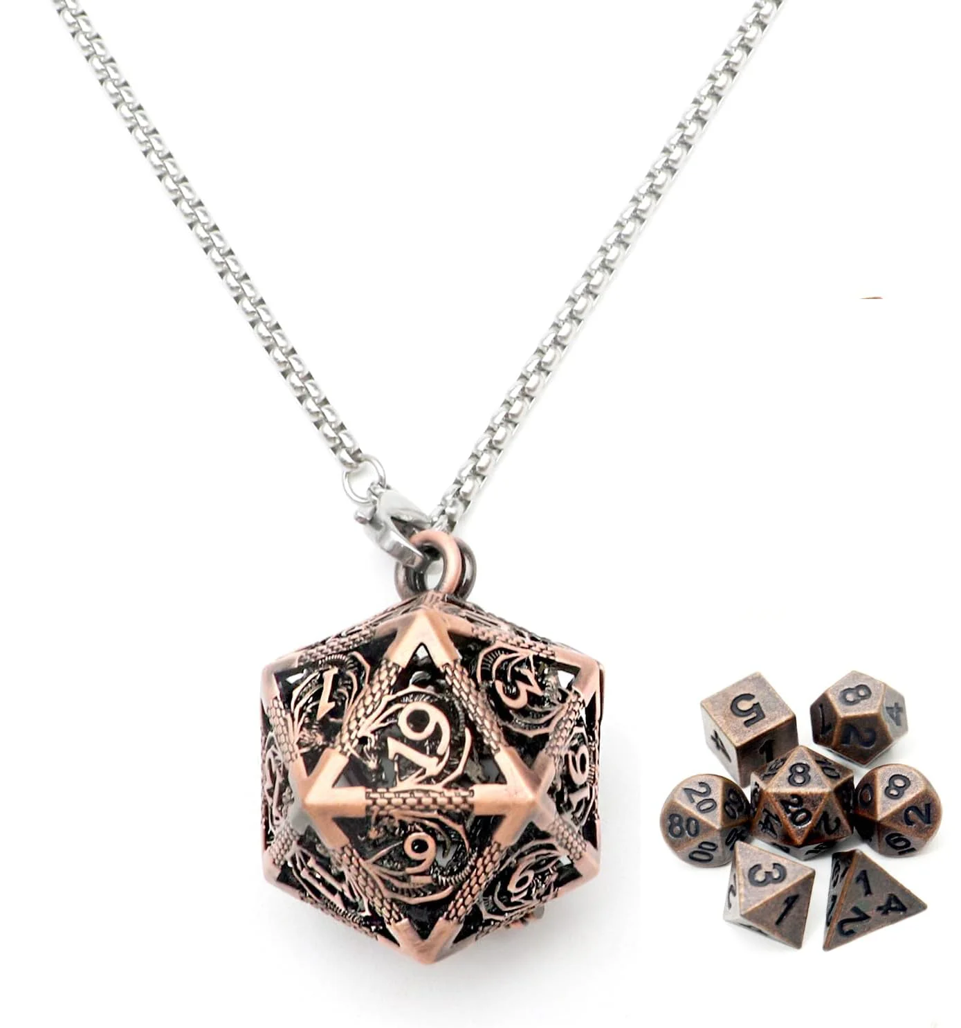 Dice Necklace Mini Dice Set with Copper Hollow D20 Necklace Case Antique Tiny Small Metal DND D&D