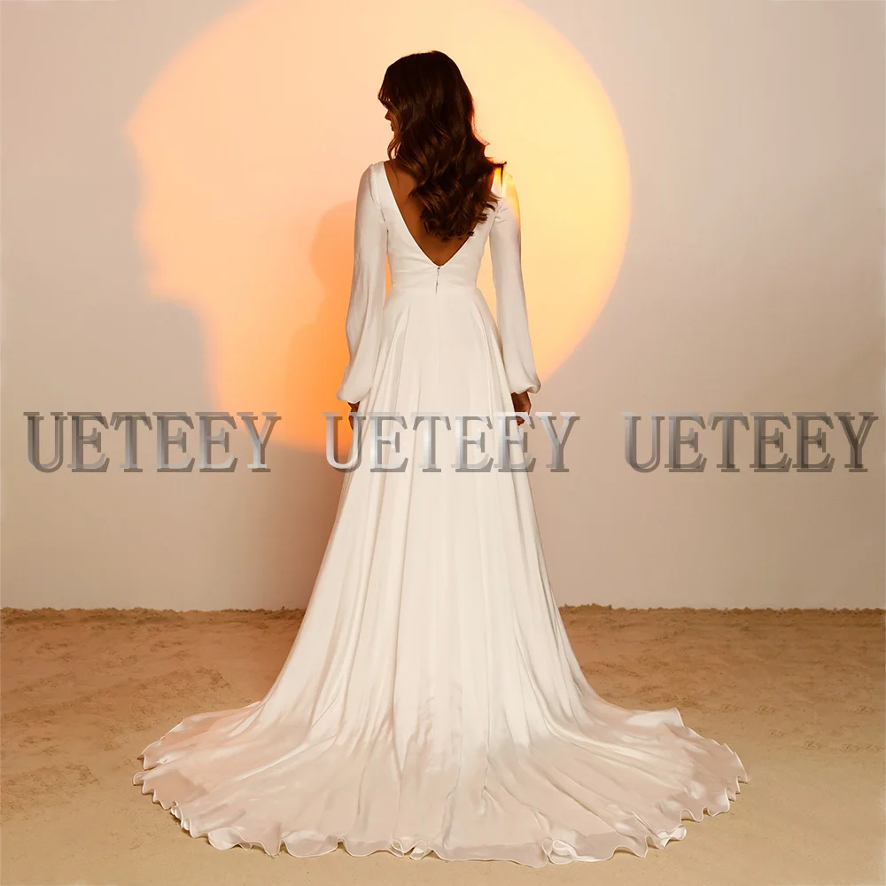 UETEEY – robe de mariée en Satin moderne, tenue de soirée de mariage, sur mesure, décolleté plongeant en v, manches longues, dos nu, ligne a, 2022