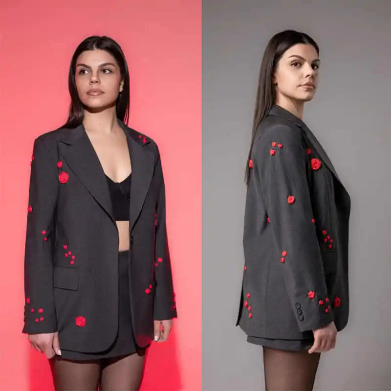 

Fashion Women's Suit 2 Piece Jacket Short Dress Notch Lapel Hand Made Flowers Office Business Occasion Daily Commute Customized