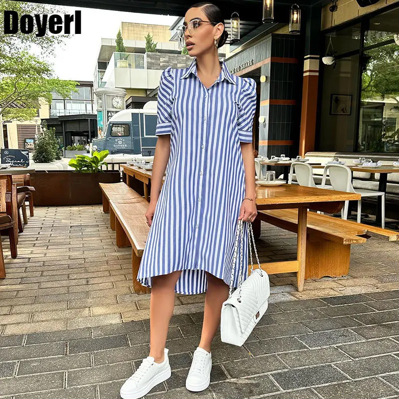 

Streetwear Casual Striped Print Shirt Dress for Women Short Sleeve Turn-down Collar Button Up Loose Knee-length Summer Dress