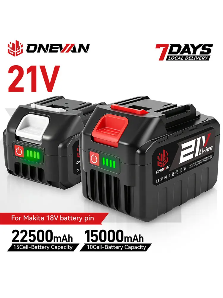 ONEVAN 15000mAh 22500mAh Lithium-Ionen-Akku, wiederaufladbarer Akku mit Ladegerät, Elektroschrauber, Elektrowerkzeug für Makita 21V Akku-Pin-Werkzeug