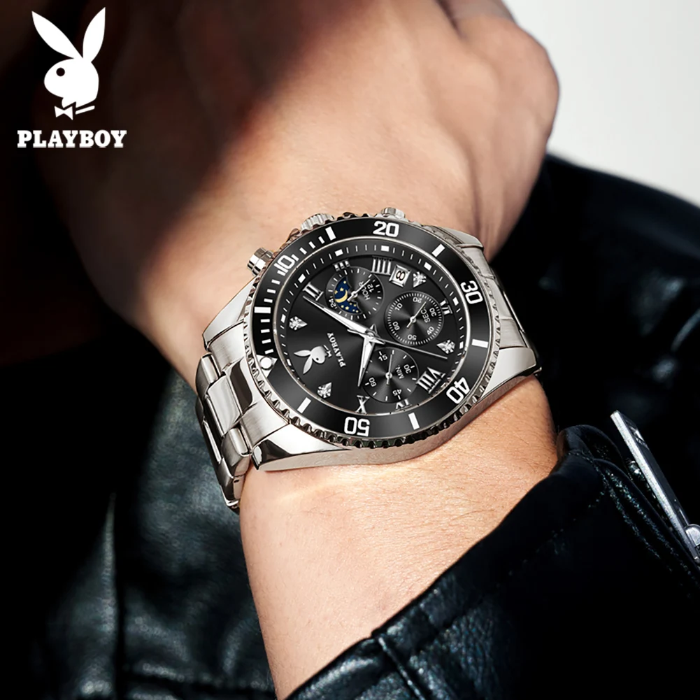 PLAYBOY Original Stainless Steel Multifunction Men Quartz Watch Best Selling High Quality Casual Fashion Trend Men's Wrist Watch