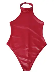 Faux Latex PU Leather Catsuit Backless Wet Look PVC Swimsuit Shiny PU Leather Close Crotch Bodysuit Tight Sexy Cosplay Body Top