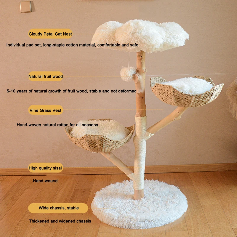 Fast Delivery Pet Supplies Cute Cloud Design Floor to Ceiling Wooden Cat Climbing Tree Natual Wood Cat Condo Luxury