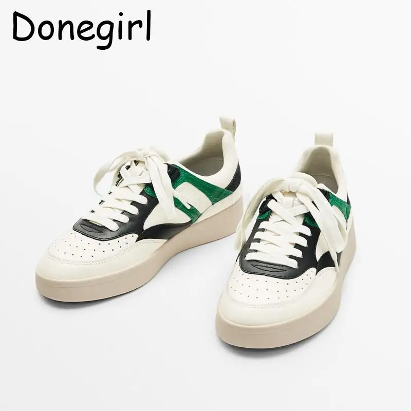 Donegirl 2023 New Spring Women Genuine Leather Round Head Color Matching Flat Lacing Board Shoes Thick Bottom Female Cic