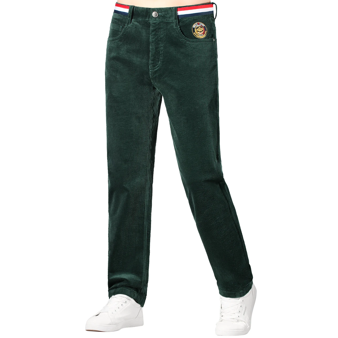 2025年冬用コーデュロイパンツ メンズ、カジュアルストレッチ厚手コットンメンズパンツ、レッドミッドウエストストレート韓国風パンツプラスサイズ