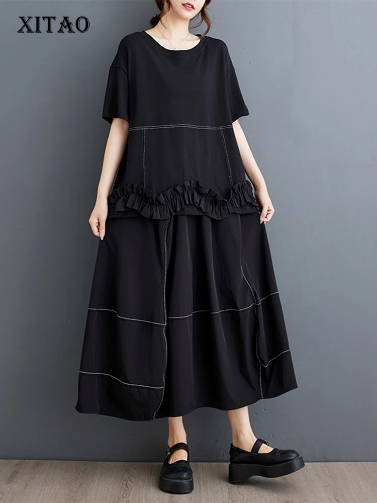 

XITAO Patchwork Ruffles O-neck Matching Female Set Casual Solid Color A-line Pullover New Arrival Bud Summer Women Set GYX1575