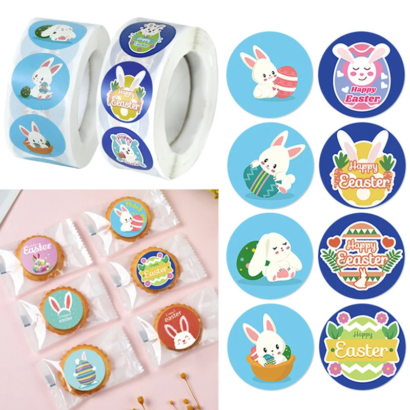 

500pcs/roll Round Easter Rabbits Sticker Kids Happy Easter Bunny Egg Cartoon Gift Self Adhesive Sealing Labels Scrapbook Supplie