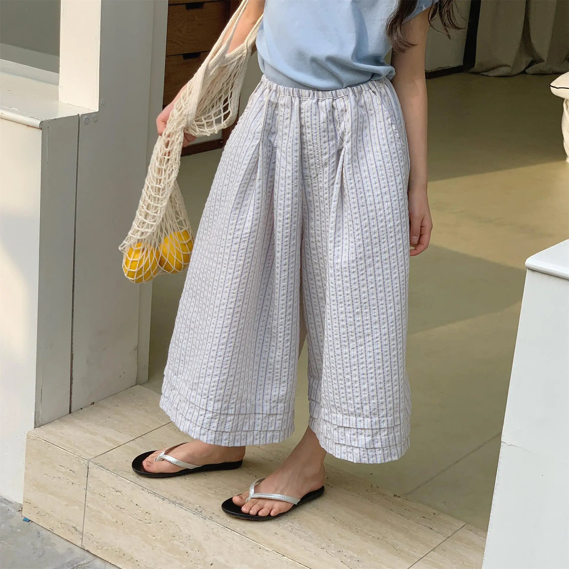 

Новинка лета 2024, свободные широкие брюки для девочек, тонкие хлопковые детские брюки в полоску, устойчивые к комарам брюки для маленьких девочек, детская одежда