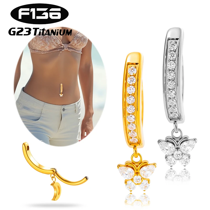 

1PC G23 Titanium Implant Grade Zircon Butterfly Pendant Belly Button Ring Belly Clip Navel Ring Curved Barbell Piercing Jewelry