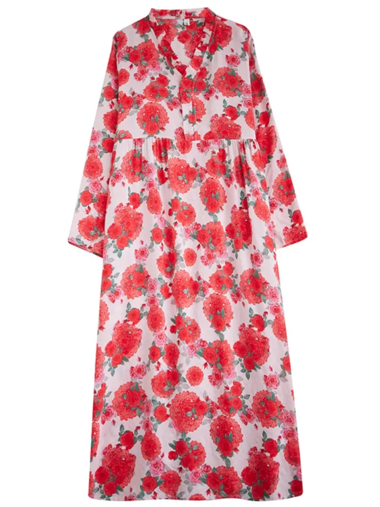 เดรสผ้าฝ้ายสไตล์โบฮีเมียนทรงหลวม แขนยาว ลายดอกไม้ สำหรับผู้หญิง