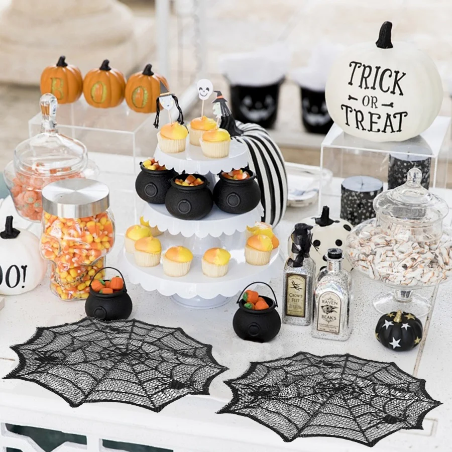 2/4/6Pcs Spider Web Placemats for Halloween Party Home Dinner Table Decoration Black Lace Polyester Tablecloth Cup Plate Mats