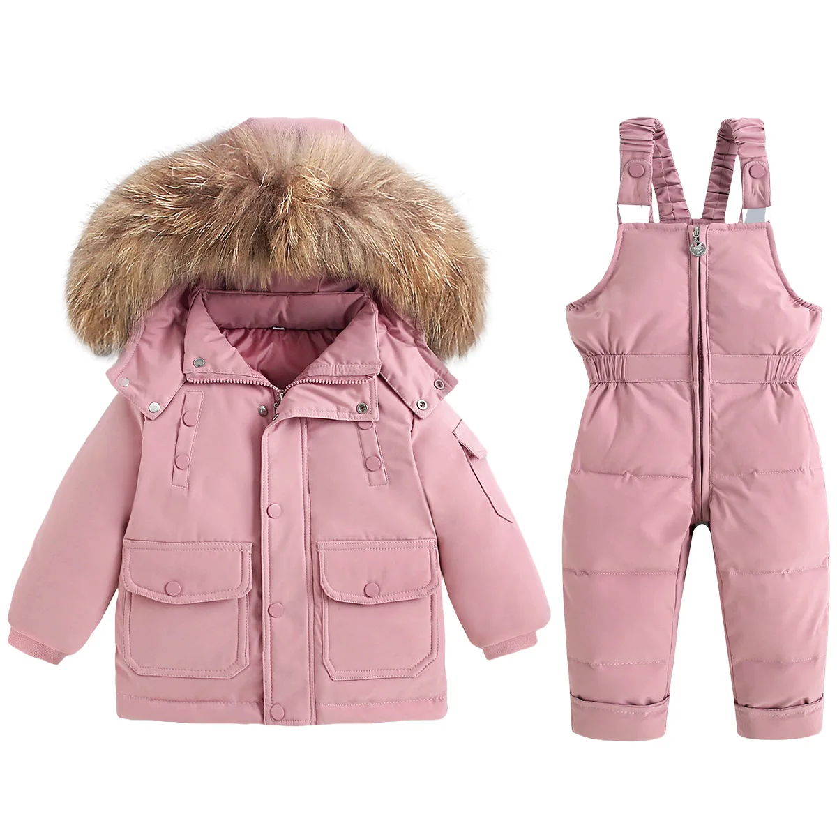 New Winter Kids Duck Down Suits Children Warm Clothing Boys Fur Collar Coat+Overall Pants For 1-6Years Baby Girls Outwear Sets