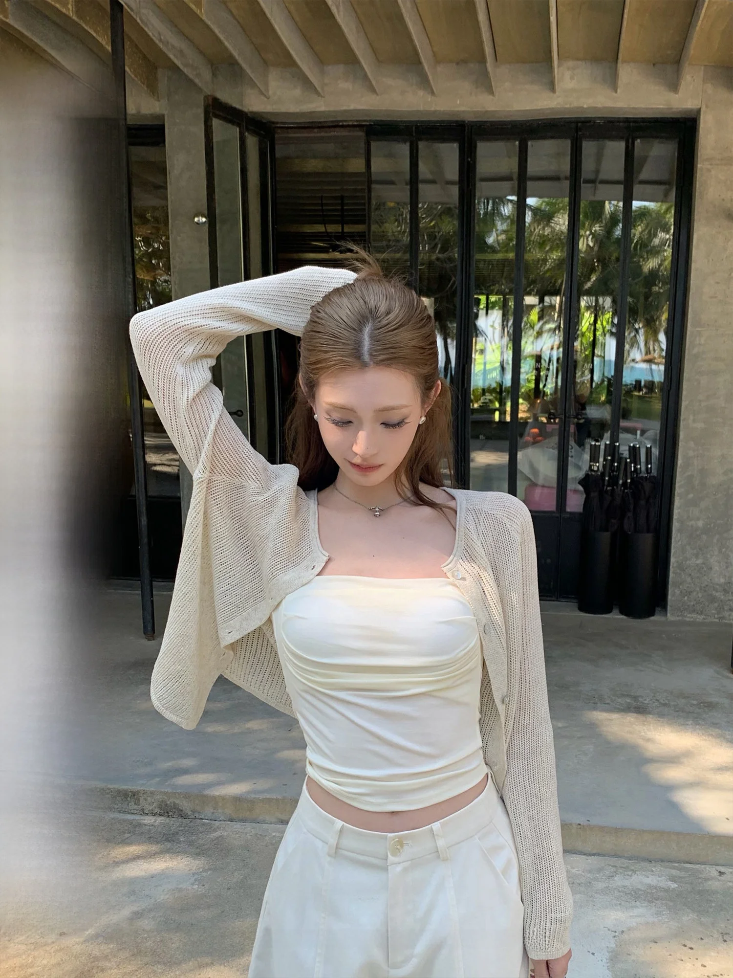 

Chen Mi Fan Summer Free Mix Spun Linen Hollow out Sun Protection Women's Thin Air Conditioning Cover up Outerwear Top