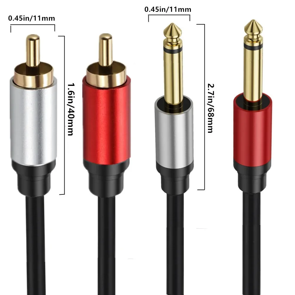 Kabel audio stereo z podwójnym 6.35mm 1/4 TS męskim złączem na podwójny RCA męski, pozłacana miedziana obudowa, do głośników, wzmacniaczy i mikserów. — zdjęcie produktu 2