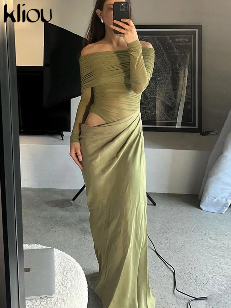 kliou Stacked Mesh Pleated Women Maxi Dress Fashion Hot See Through Full Sleeve Off Shoulder Bodycon Mujer Sexy Unique Partywear