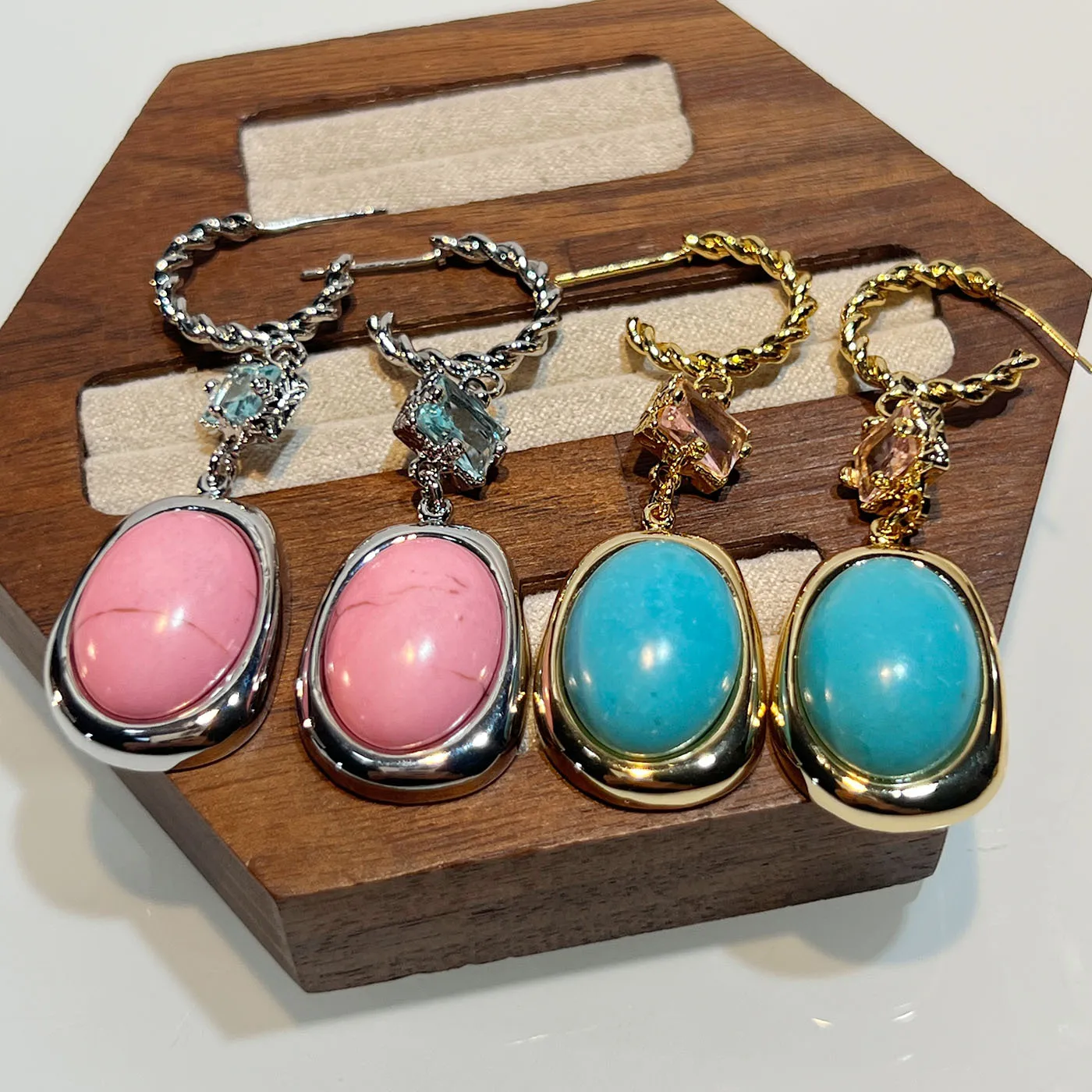 

Freeshipping Modern Gold Oval Turquoise Rhodochrosite Chunky Drop Dangle Earring 925 Silver Crystal Ear Hoop Real Stone Jewelry