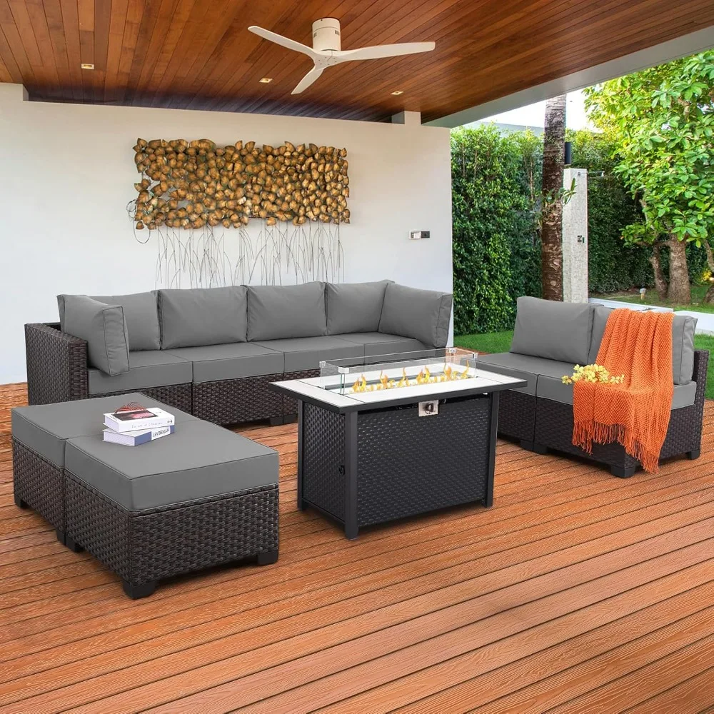 

9 Pieces Wicker Patio Furniture Set Outdoor PE Rattan Sectional Conversation Sofa Set With Grey Cushions And 45 Gas, Customized