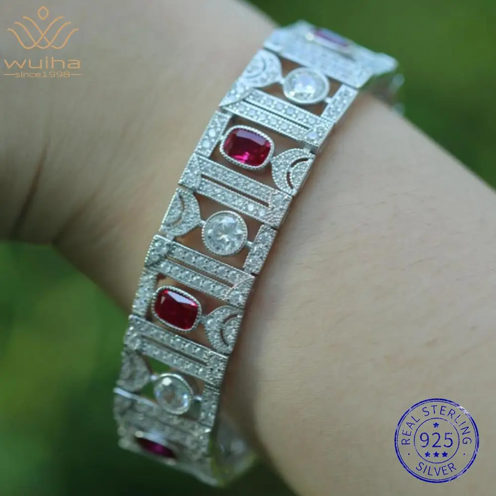 

WUIHA 925 Sterling Silver Lab Sapphire Ruby High Carbon Diamonds Gemstones Bracelet Bangle Cocktail Fine Jewelry Wholesale