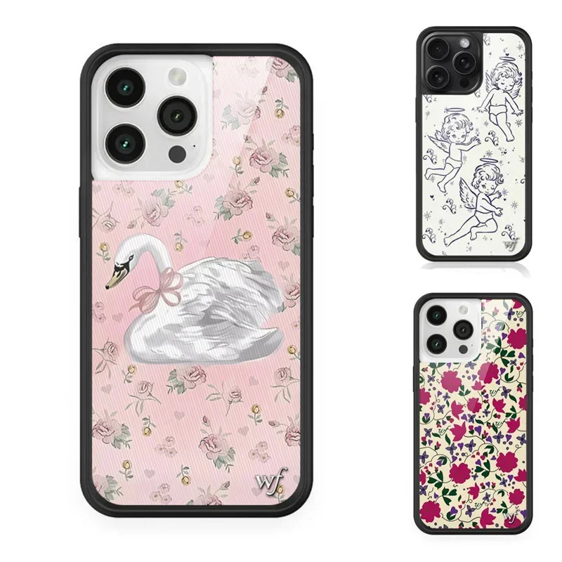 Fashion Wildflower Cartoon Swans Phone Case for iPhone 13 Pro 14 pro 15 Max 16 pro max 12 Cute Puppy  WF Deer Cherry Protection