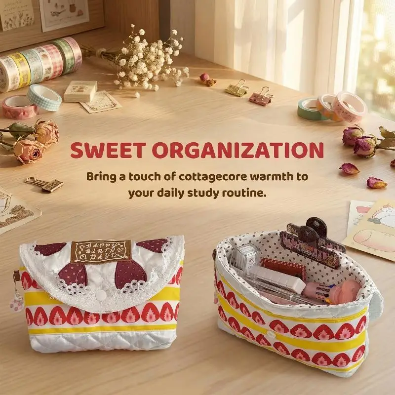 

Strawberry Cake Pouch Cute Dessert-Shaped Storage Bag Portable Zipper Organizer for Stationery Cosmetics Keys Small Items Gift