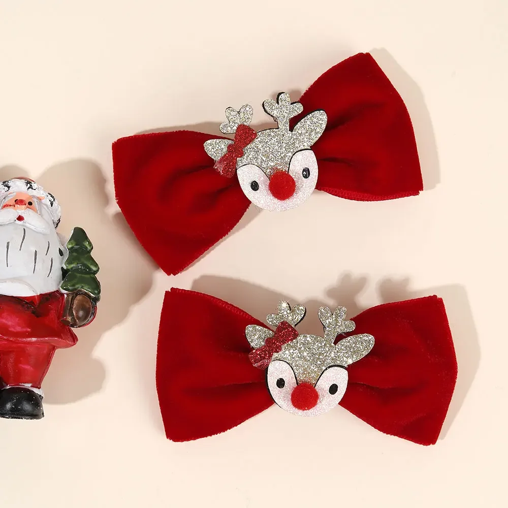 ncmama 2PCS Christmas Velvet Hair Bow Clips Cute Glitter Christmas Elk Hairpins Bell Barrette Hairgrips Kids Hair Accessories