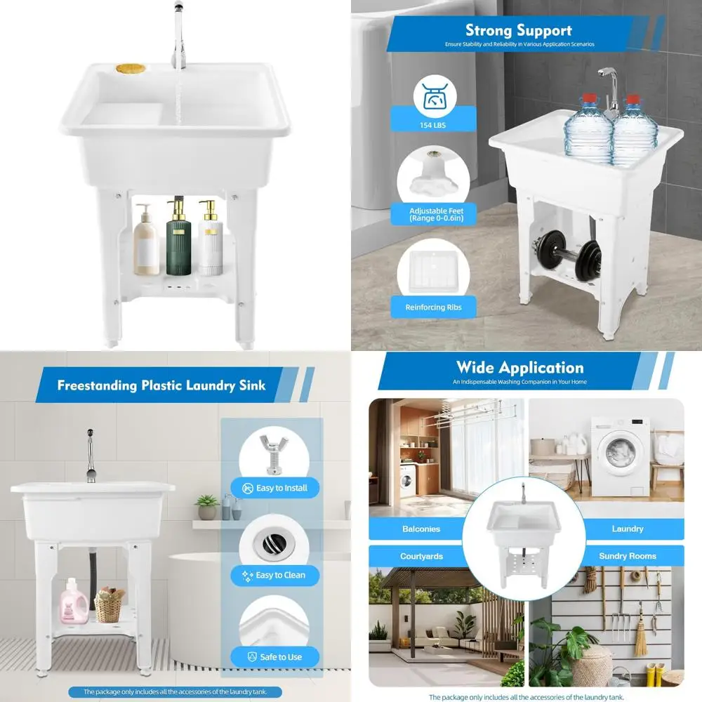 Freestanding Plastic Laundry Sink with Hot/Cold Faucet and Washboard, 25.6-Inch Utility Tub for Floor Mount Washing