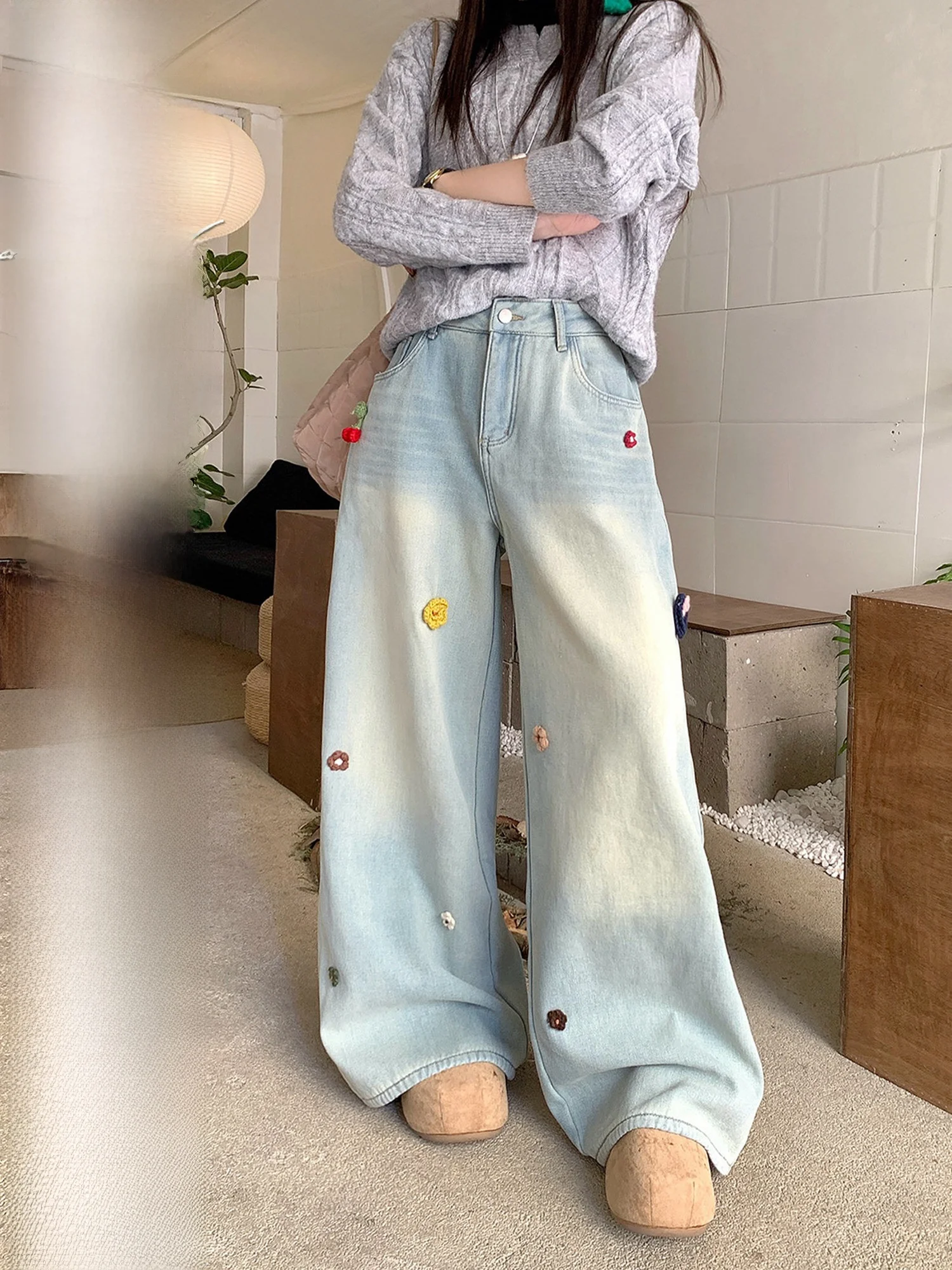 

plus Size Women's Embroidered Thick High Waist Wide Leg Jeans Spring Loose Slimming Casual Straight Leg Pants Floral Design