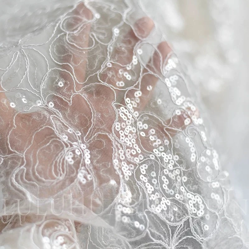

Sequin Embroidered Lace Tulle Fabric for DIY Sewing Wedding Dress Curtain Garment Accessories Clothing Fashion Material Cloth