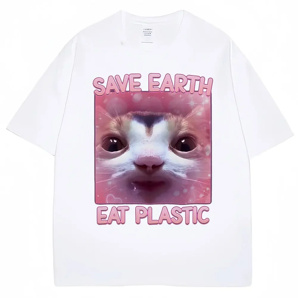 Save the Earth by Eating Kunststoff süße Katze Emoji T-Shirt Damenmode ästhetisches T-Shirt lässig übergroßes Sommer süßes T-Shirt