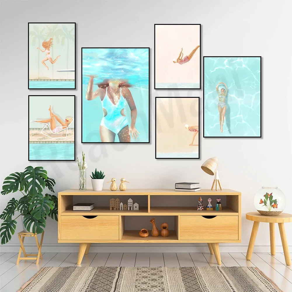 Retro pool art, female swimming poster, underwater swimming pool, sunbathing female art, pastel summer coast art decoration