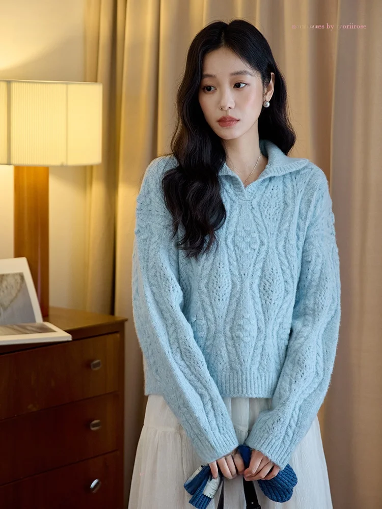 

Moriirose Blue Women's Pullover Knitwear Winter Loose Lazy Sle Ne Tangled Flower Mixed Color Sweater Thiened Long ...