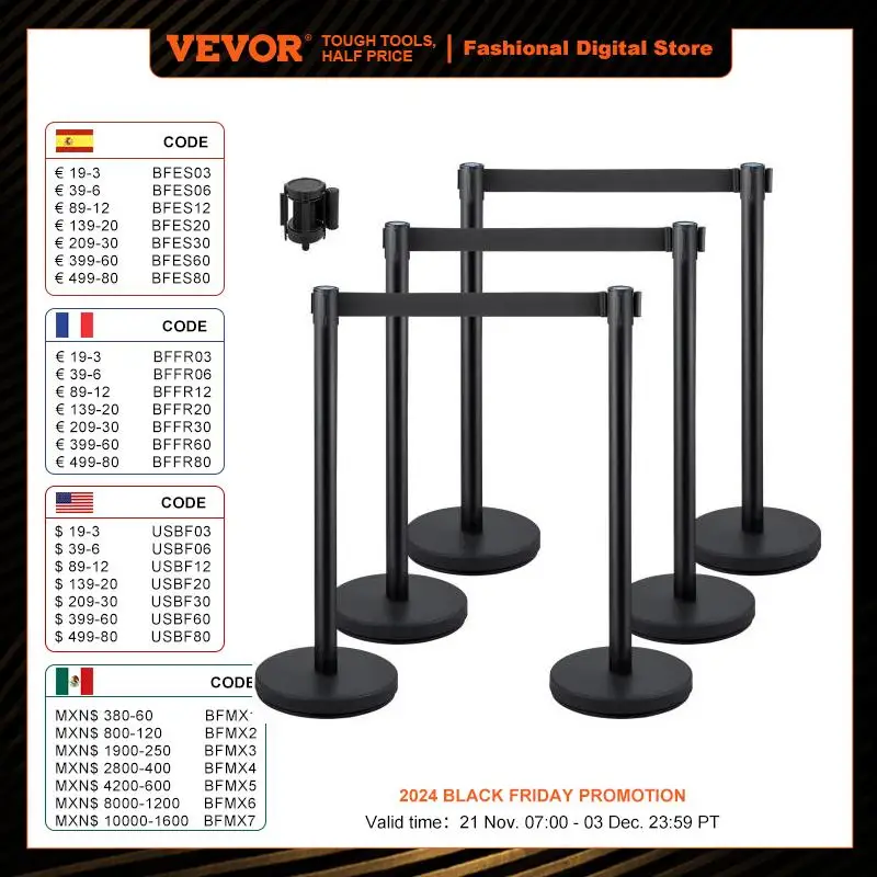 Mophorn 6PCS Stanchion Queue Post Black 6.5ft Retractable Belt 36In Height Stanchion Posts Queue Pole for Crowd Control Barriers